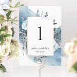 Elegant Blue Wedding Reception Table Number<br><div class="desc">Help your guests find their table with this elegant table number with delicate blue watercolor stains and exquisite floral details. Double sided cards. Clear space all around giving you the liberty to use use table holder or frame. Ability to personalize with your own wedding or event details using template text...</div>