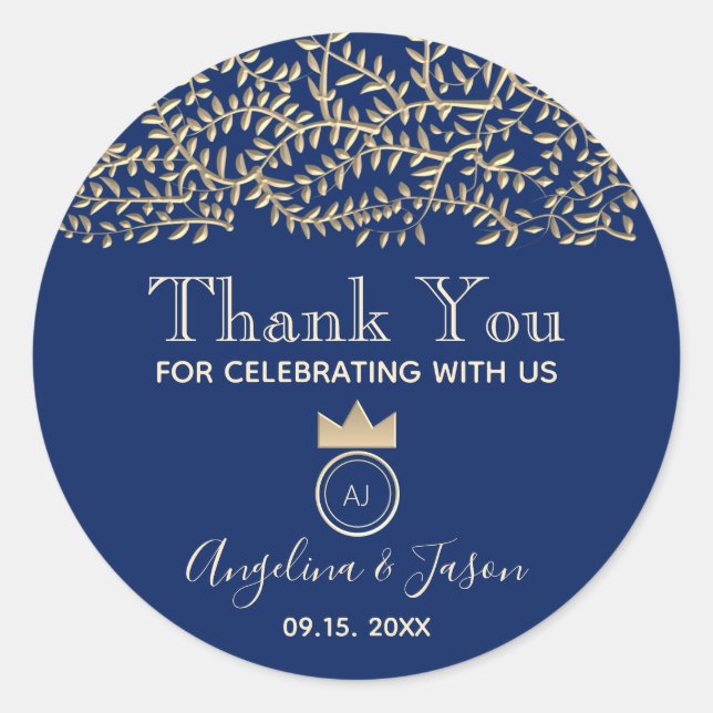Elegant Blue Wedding Thank You Favour Classic Round Sticker (Front)