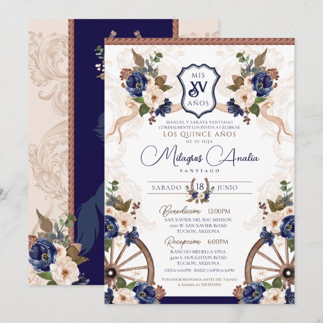 Elegant Blue Western Baroque Charro Quinceanera Invitation (Front/Back)