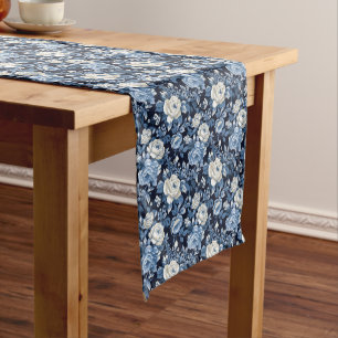 Elegant Blue while roses tiled Wedding Short Table Runner