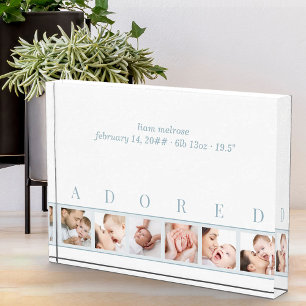Elegant Blue White ADORED Baby Birth Stats and 6 Photo Block