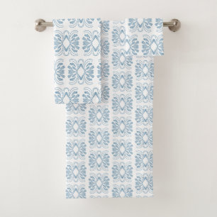 Elegant Blue White All Over Pattern Bath Towel Set