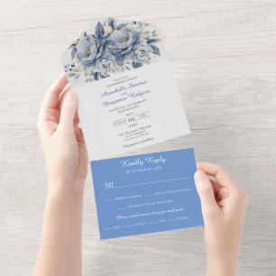 Elegant Blue White and Grey Floral Wedding  All In One Invitation
