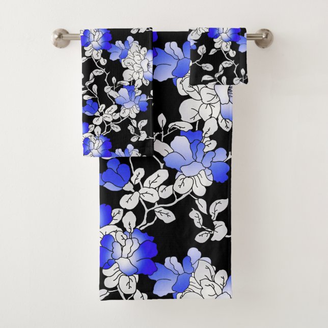 Elegant Blue White Black Floral Pattern Bath Towel Set (Insitu)