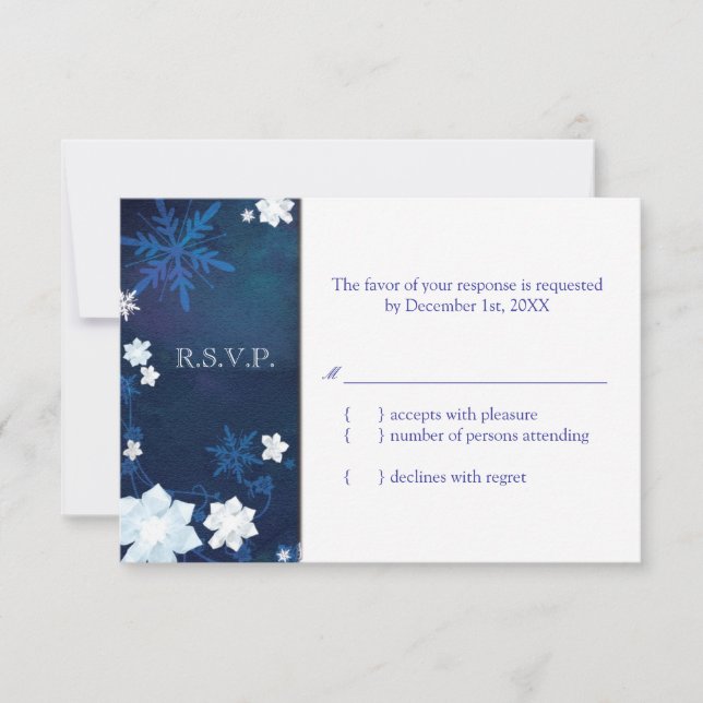 Elegant Blue & White Boho Winter Wedding RSVP Card (Front)