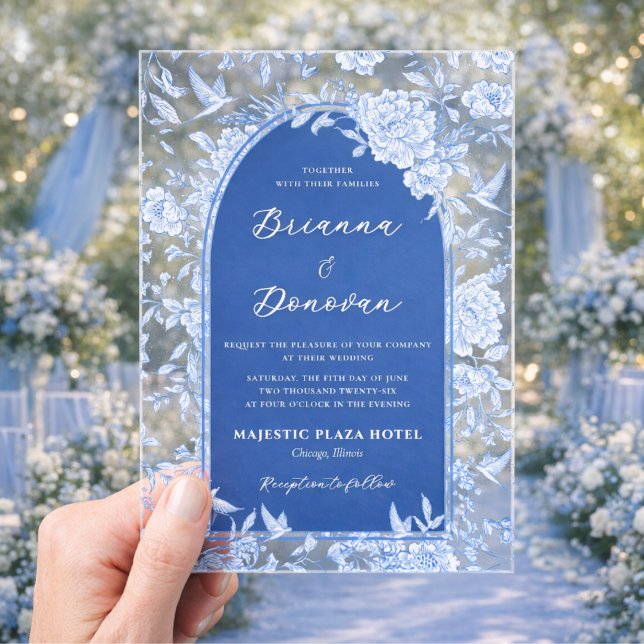 Elegant Blue & White Botanical Bird Wedding Acrylic Invitations (Creator Uploaded)