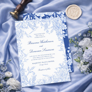 Elegant Blue & White Botanical Bird Wedding  Invitation