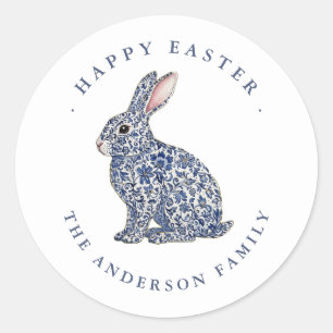 Elegant Blue & White Bunny Happy Easter Label 