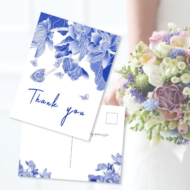 Elegant Blue White Chinoiserie Floral Thank You  Postcard (Creator Uploaded)
