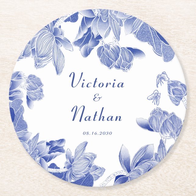 Elegant Blue White Chinoiserie Floral Wedding Round Paper Coaster (Front)