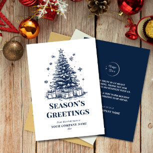 Elegant Blue & White Christmas Tree Custom Logo Holiday Card