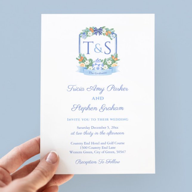 Elegant Blue White Citrus Crest Holidays Wedding Invitation (Citrus Ginger Jar Holidays Wedding Watercolor Monogram Crest Invitation)