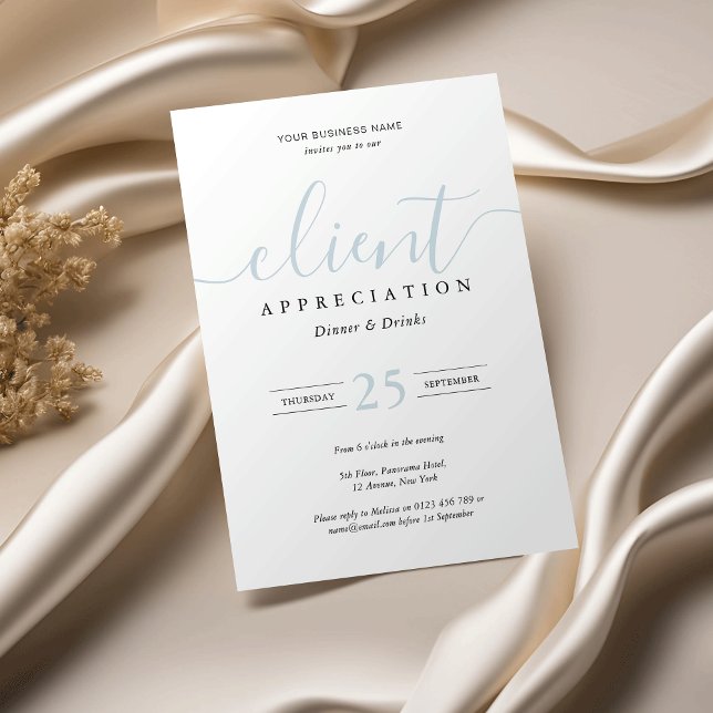 Elegant Blue & White Client Appreciation Business Invitation (Elegant client appreciation event business invitations in pastel blue and white)