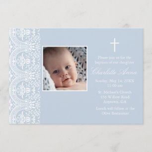 Elegant Blue & White Damask Baptism Invitation