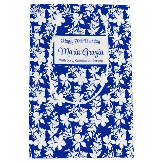 Elegant Blue White Floral 70th Birthday  Medium Gift Bag (Front)