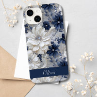 Elegant Blue White Floral Chic Custom Name