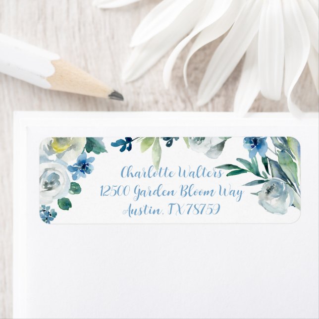 Elegant Blue White Floral Cursive Return Address (Insitu)