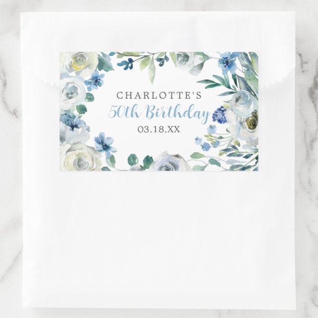 Elegant Blue White Floral Custom Birthday Party Sticker (Bag)