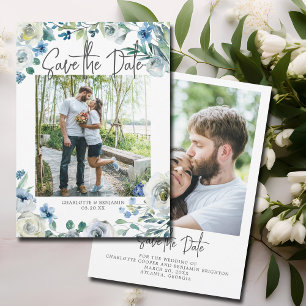 Elegant Blue White Floral Engagement Photo Spring Save The Date