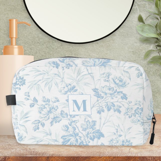 Elegant Blue White Floral Pattern Monogram Initial Dopp Kit (A pretty light blue floral monogrammed dopp kit)