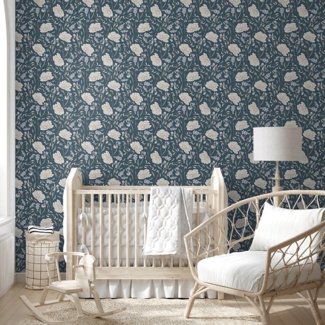 Elegant Blue & White Floral Pattern on Blue Wallpaper (Kids)
