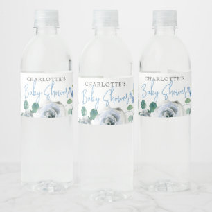 Elegant Blue White Floral Spring Boy Baby Shower Water Bottle Label