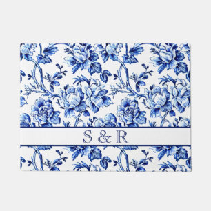 Elegant Blue White Floral Toile Wedding Doormat