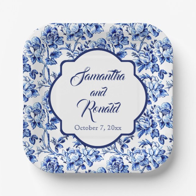 Elegant Blue White Floral Toile Wedding Paper Plate (Front)