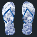 Elegant Blue White Floral Wedding Bride Flip Flops<br><div class="desc">The design features a delightful array of lotus flowers and butterflies, rendered in a blue and white colour scheme that evokes the elegant beauty of chinoiserie chic, reminiscent of the classic blue willow pattern, with a modern style text layout. These beautiful flip flops are a pretty something blue idea for...</div>