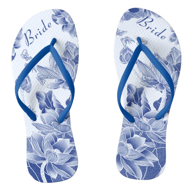 Elegant Blue White Floral Wedding Bride Flip Flops (Footbed)
