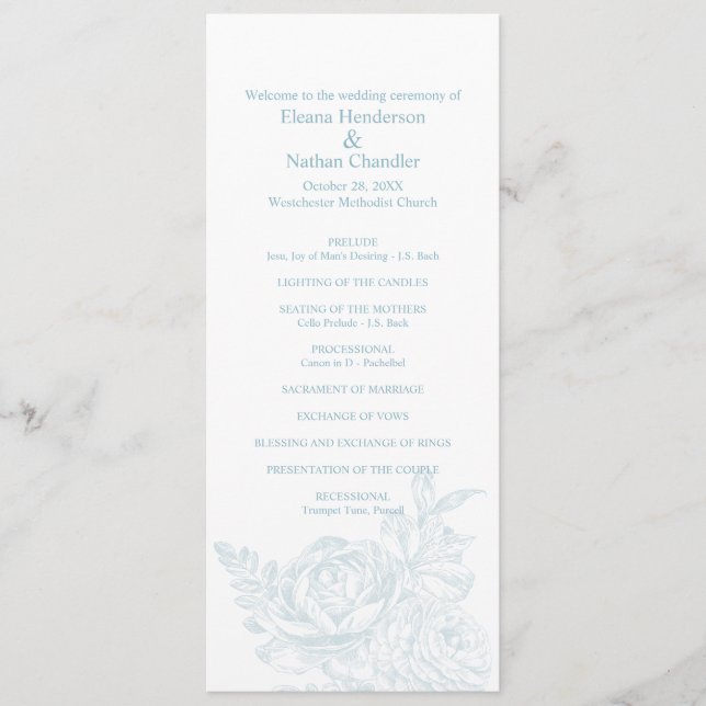 Elegant Blue White Floral Wedding Program (Front)