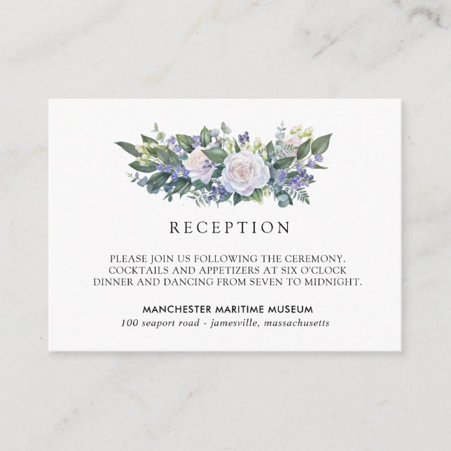 Elegant Blue White Floral Wedding Reception Enclosure Card (Front)