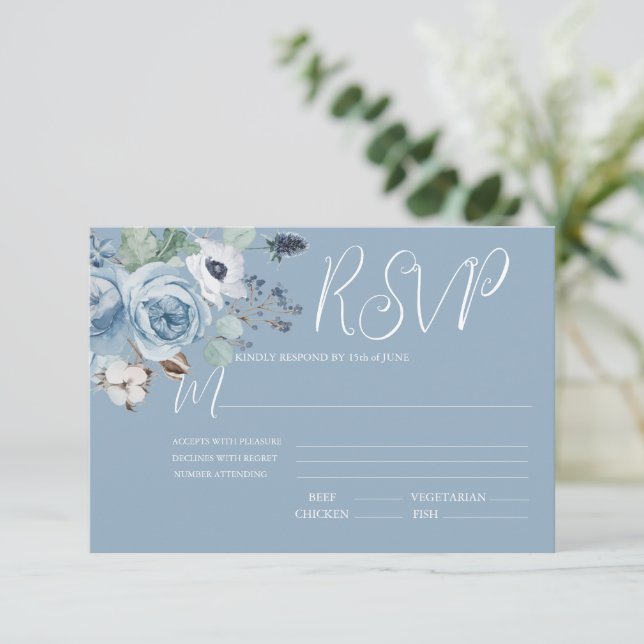 Elegant Blue & White Floral Wedding RSVP Card (Standing Front)