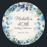 Elegant Blue White Floral Women's 40th Birthday Classic Round Sticker<br><div class="desc">Elegant navy blue,  dusty blue,  and white watercolor floral round sticker for a woman's 40th (or any) birthday. Great for sealing invitation envelopes or guest favour bags. Contact me for assistance with your customizations or to request additional matching or coordinating Zazzle products for your party.</div>