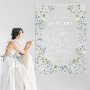 Elegant Blue White Floral Wreath Bohemian Wedding Acrylic Invitations