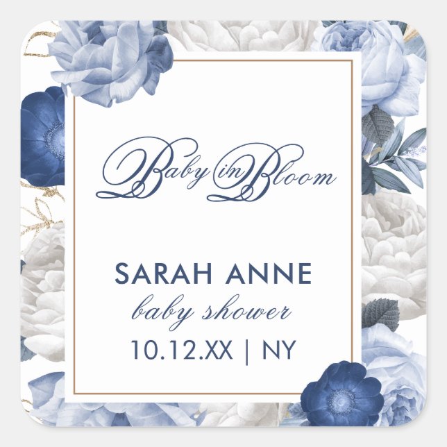 Elegant Blue & White Flower Baby Shower Square Sticker (Front)