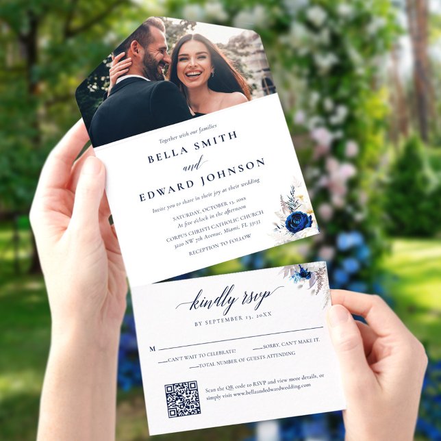 Elegant Blue White Flowers Monogram Photo Wedding All In One Invitation (Creator Uploaded)