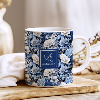 Elegant Blue White Flowers Personalized Coffee Mug