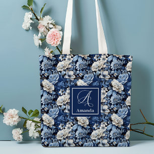 Elegant Blue White Flowers Personalized Tote Bag