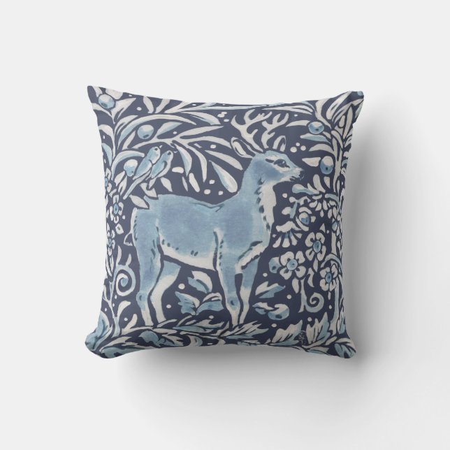 Elegant Blue White Forest Deer Birds Woodland Art Throw Pillow (Front)