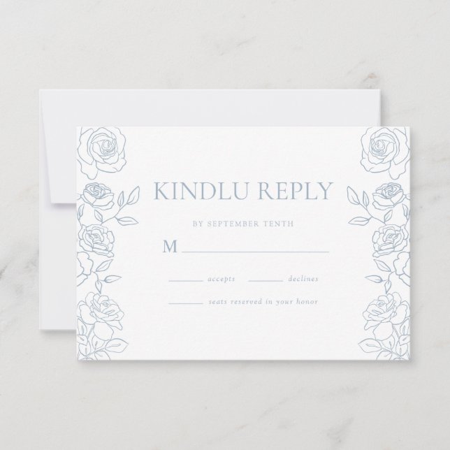 Elegant Blue & White French Roses Wedding RSVP Card (Front)