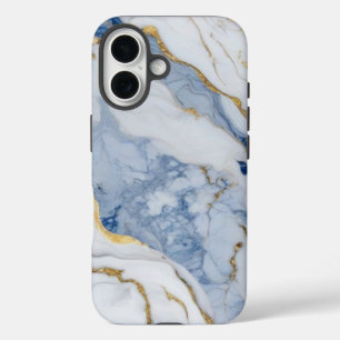 Elegant blue white gold marble granite pattern iPhone 16 case