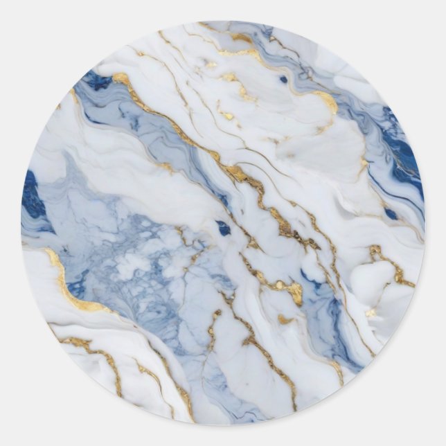 Elegant blue white gold marble granite pattern classic round sticker (Front)
