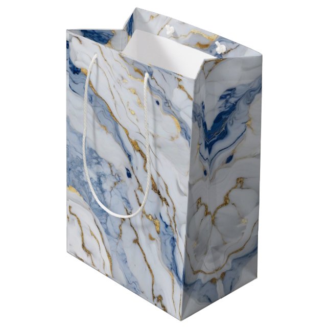 Elegant blue white gold marble granite pattern medium gift bag (Back Angled)