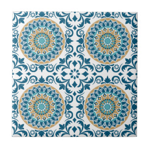 Elegant Blue White Gold Mediterranean Ornate  Tile