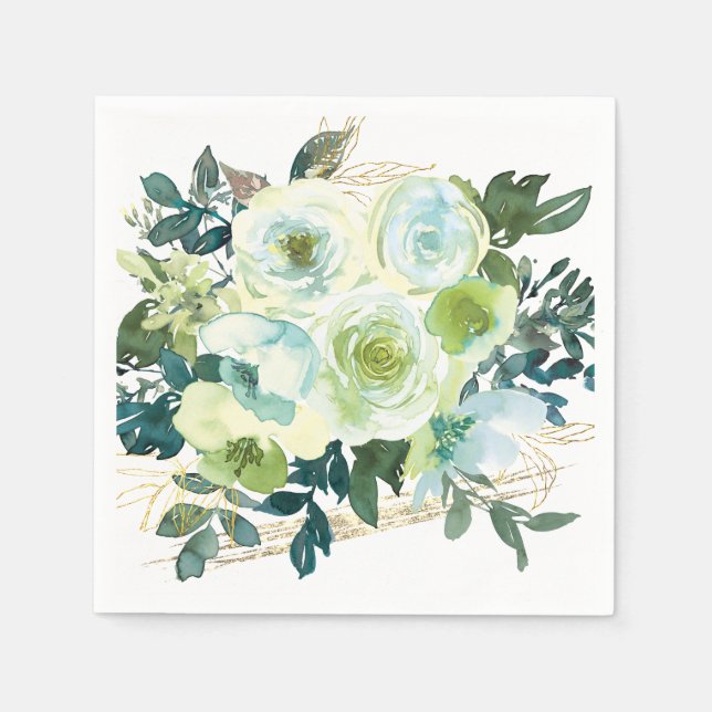 Elegant Blue White Gold Turquoise Floral Wedding Napkin (Front)