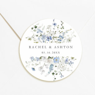Elegant Blue White Green Floral Wedding   Classic Round Sticker