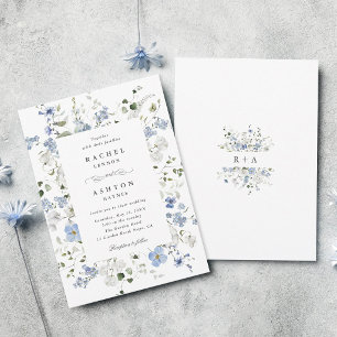 Elegant Blue White Green Floral Wedding Invitation
