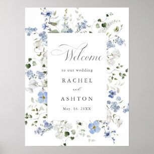 Elegant Blue White Green Floral Wedding Welcome Poster