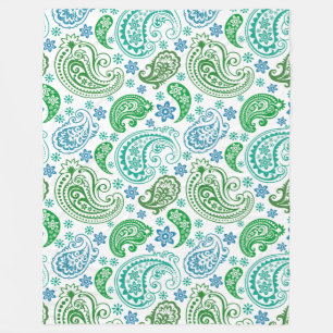 Elegant Blue White & Green Vintage Paisley Fleece Blanket